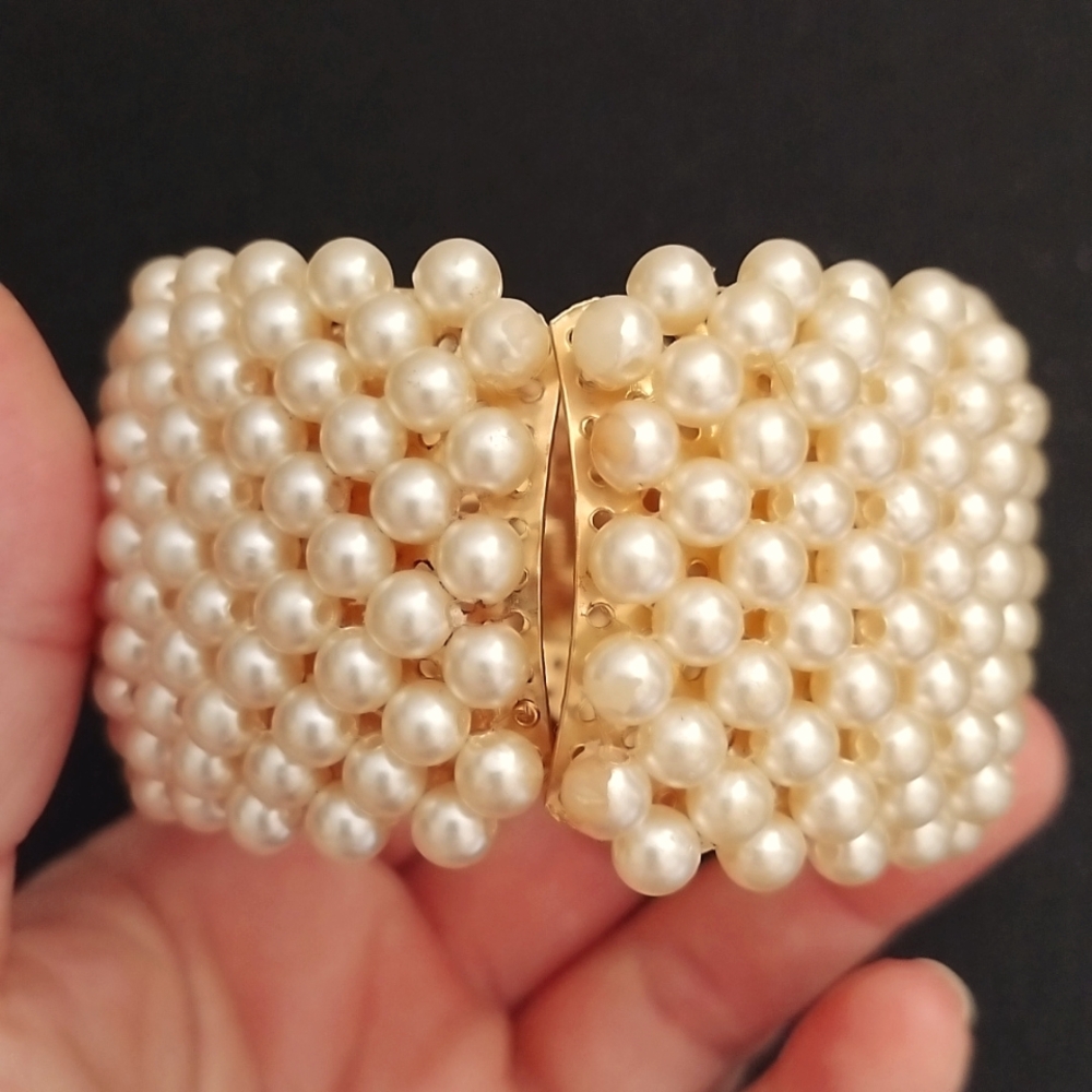 Vintage Fashion Runway Haute Couture Pearls Hand wired over gold tone clamp Cuff